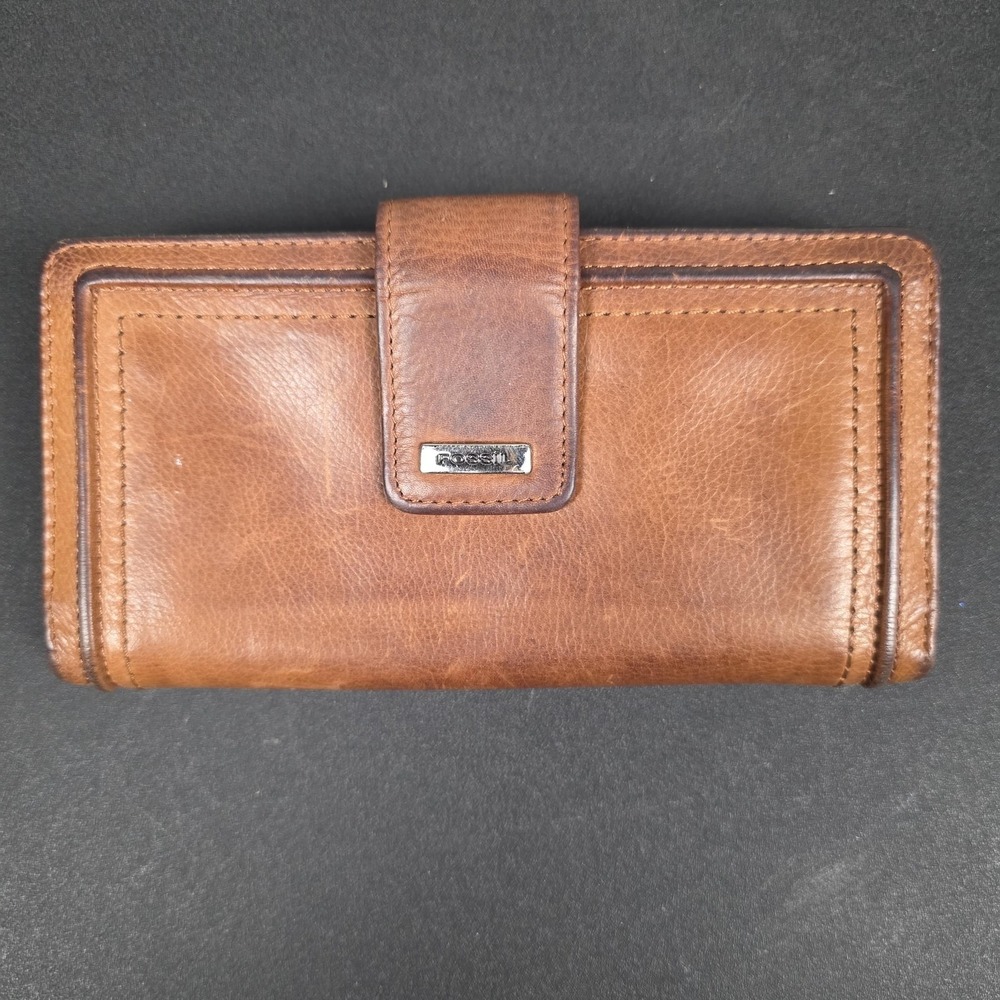 Fossil Wallet Womens Brown Leather Checkbook‎ Credit Card Strap Organizer
